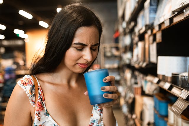 Woman smelling candle